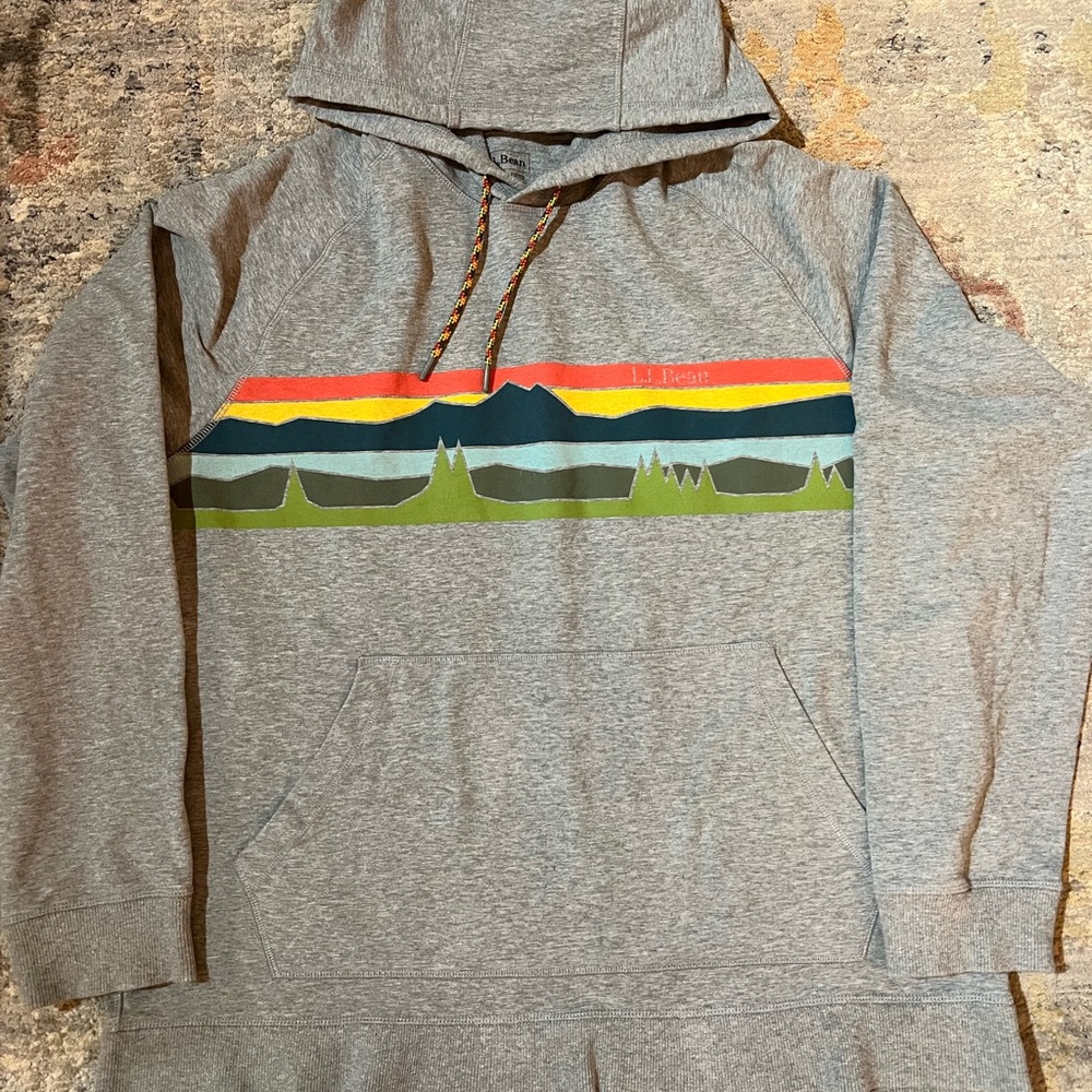 L.L. Bean Gray Hoodie with Colorful Mountain Stripe